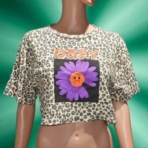 Obey Leopard Print Crop Top with Purple Flower
